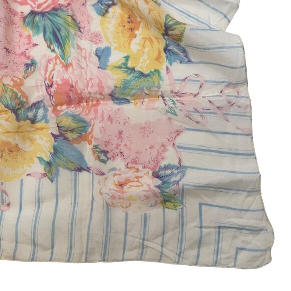 Vtg 80s Floral Rayon Scarf 36x36 Current Inc Pink Yellow Roses Blue Stripe India - Picture 5 of 7